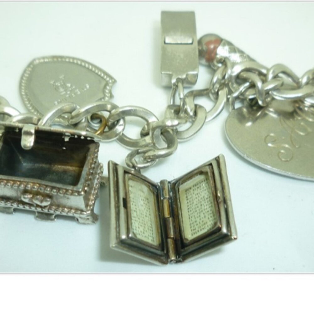 UNIQUE STERLING TRAVEL CHARMS BRACELET BIBLE CROWN HOPE CHEST WORLD FAIR EIFEL - Picture 3 of 7